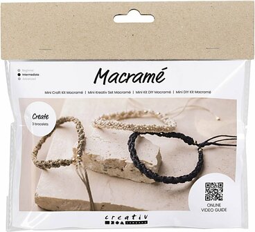 Mini Hobbyset Macram&eacute; - zwart - olijfbruin - zandkleur - Armband