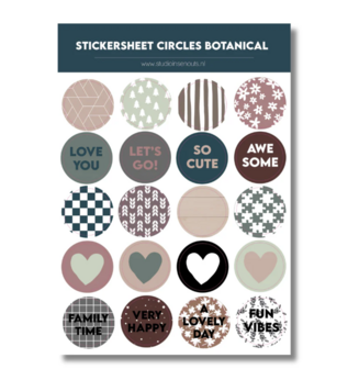 Studio Ins &amp; Outs - Stickervel Cirkels Botanical 2.0 - Botanische Stickers - Tekst &amp; Hartjes &amp; Patronen - Aardetint