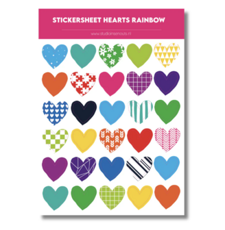 Studio Ins &amp; Outs - Stickervel Hartjes Rainbow 2.0 - Hartjes Stickers - Regenboogkleuren &amp; Patronen - 30 Stickers In Ha