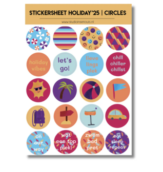 Studio Ins &amp; Outs - Stickervel Circles Holiday&rsquo;25 - Ronde Vakantiestickers - Cirkelstickers - 20 Zomerse Illustraties