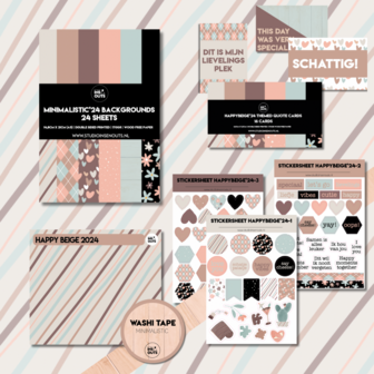 Studio Ins &amp; Outs - Complete Scrapbook Set - Happy Beige - Stickervellen, Washi Tape, Paperpad &amp; Quote Kaartjes - Minim