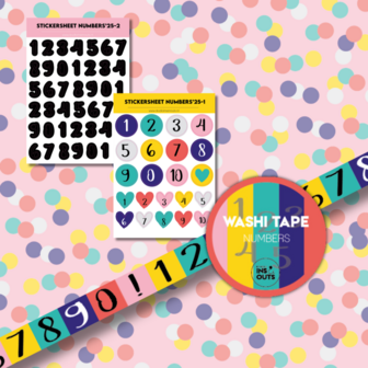 Studio Ins &amp; Outs - Mini Collectie Numbers&#039;25 - Scrapbook Set Cijfers Thema - Stickervellen &amp; Washi Tape - Vrolijk
