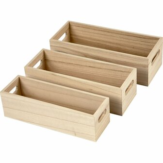 Houten Opslagkratten - Luxe Decoratieve Opbergkratten - Set Van 3 Stuks - Met Handgrepen - Ideaal Voor Organisatie &amp; Home Decor - Afmetingen L: 22+23,5+25 cm - B: 6,5+7,5+8,5 cm