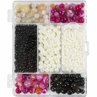 Creatieve Box Sieraden, Agaten, afm 2,6-10 mm, gatgrootte 0,8-1,8 mm, ca. 2740 stuk, beige, zwart, roze, wit parelmoer, 1 doos