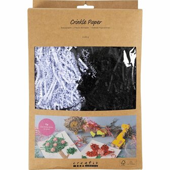 Crinkle papier, L: 25-30 cm, B: 3 mm, zwart, wit, 2x50 gr/ 1 doos