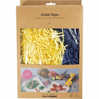 Crinkle papier, L: 25-30 cm, B: 3 mm, donkerblauw, geel, 2x50 gr/ 1 doos