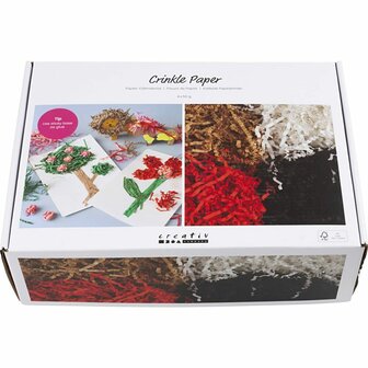 Crinkle papier, L: 25-30 cm, B: 3 mm, zwart, bruin, rood, wit, 4x50 gr/ 1 doos