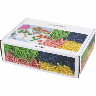 Crinkle papier, L: 25-30 cm, B: 3 mm, blauw, donkergroen, roze, geel, 4x50 gr/ 1 doos