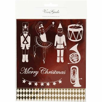 Deco folie en transfer vel, notenkraker, kerstman en ballerina, vel 15x15 cm, goud, rood, wit, 4 vel/ 1 doos