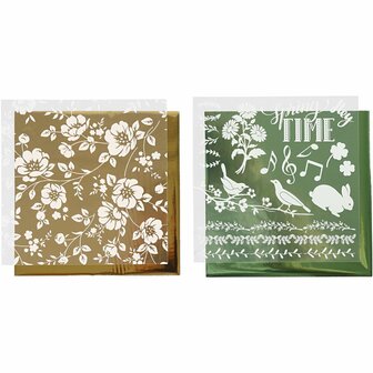 Deco folie en transfervel, bloemen, vel 15x15 cm, goud, groen, 2x2 vel/ 1 doos
