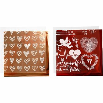 Deco folie en transfervel, harten en love, vel 15x15 cm, rood, 2x2 vel/ 1 doos