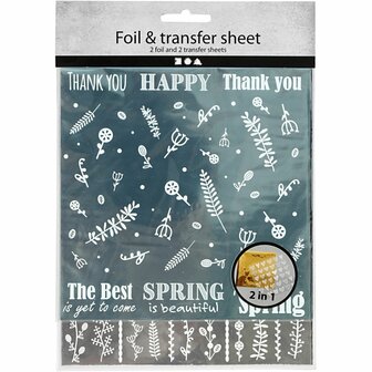 Deco folie en transfervel, Lente bloemen, vel 15x15 cm, zilver, turquoise, 2x2 vel/ 1 doos