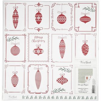 Design papier, kerstballen en kerstbomen, vel 30,5x30,5 cm, 180 gr, 5 vel/ 1 doos