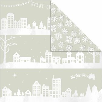 Design papier, huizen en sneeuwvlokken, vel 30,5x30,5 cm, 180 gr, 3 vel/ 1 doos