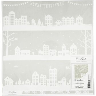 Design papier, huizen en sneeuwvlokken, vel 30,5x30,5 cm, 180 gr, 3 vel/ 1 doos
