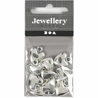 Hartvormige hanger, afm 13x15 mm, verzilverd, 10 stuk/ 1 doos