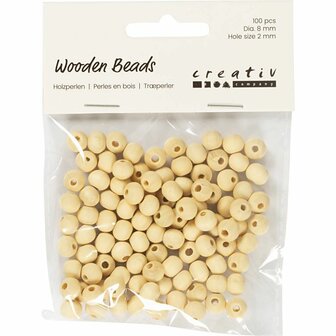 Houten kraal, d 8 mm, gatgrootte 2 mm, 100 stuk/ 1 doos