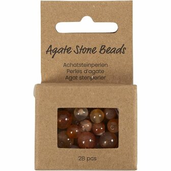 Kralen van agaat, d 6+8+10 mm, gatgrootte 0,9-1 mm, ca. 28 stuk, lichtbruin, 28 stuk/ 1 doos