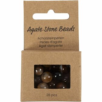 Kralen van agaat, d 6+8+10 mm, gatgrootte 0,9-1 mm, ca. 28 stuk, donkerbruin, 28 stuk/ 1 doos