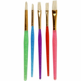 Kwasten voor Kinderen, afm 8+12+18, L: 14-16 cm, B: 5-10 mm, plat,rond, diverse kleuren, 5 stuk/ 1 doos