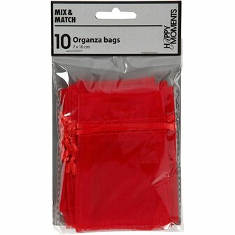 Organza zakjes, afm 7x10 cm, rood, 10 stuk/ 1 doos