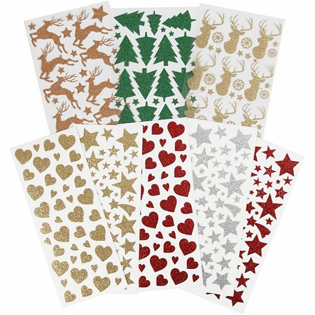 Glitterstickers Mix - Hartjes, Sterren, Kerst - 8 Vellen