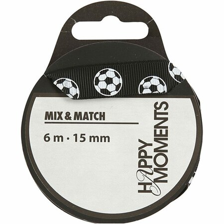 Decoratief Lint &ndash; Voetbal Lint &ndash; Zwart Grosgrain &ndash; Sport Cadeaulint &ndash; 15 Mm &ndash; 6 M