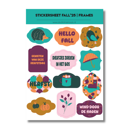 Studio Ins & Outs - Stickervel Frames Fall 2025 - Herfst Stickers Met Tekst En Illustraties - 12 Scrapbook Stickers Voor In