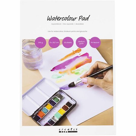 Aquarelblok, A4, vel 210x297 mm, Koudgeperst,Middelgrote korrel, 300 gr, wit, 20 vel/ 1 stuk
