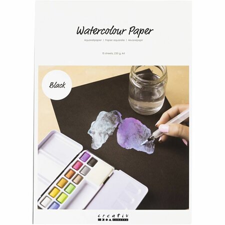 Aquarelpapier, A4, vel 210x297 mm, 230 gr, zwart, 15 vel/ 1 doos