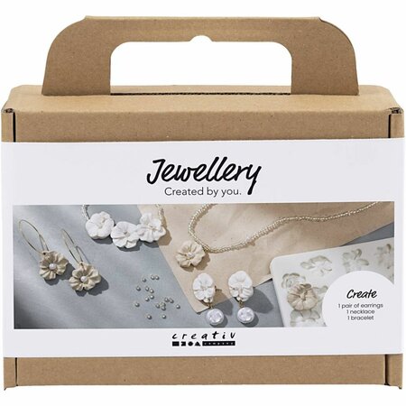 Hobbyset sieraden maken | Oorbellen + armband + halsketting + ring | Bloemontwerp roos | Beige | Mini Creative Set Jewellery