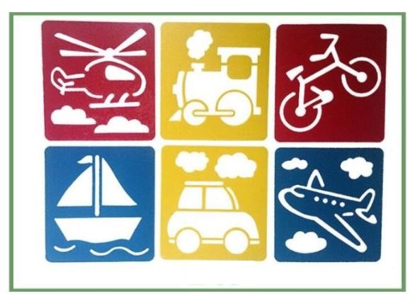 Teken Sjablonen Kinderen - Stencils Tekenen - Voertuigen - Helikopter, Trein, FIets, Boot, Auto, Vliegtuig