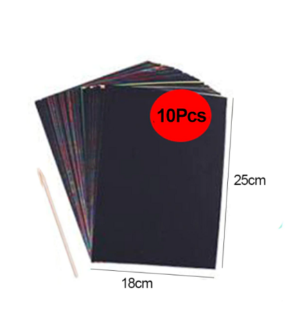 Tover papier - Kras papier - Zwart met regenboog kleuren - Met houten kraspen - 18x25cm - 10 vellen
