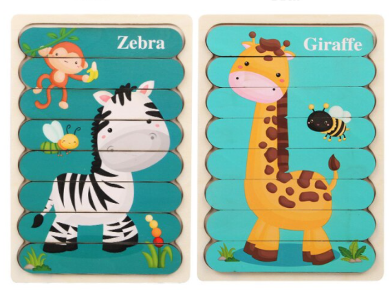 Puzzel Ijsstokjes Vorm - Beide kanten bedrukt - Giraffe & Zebra - Hout - Kinderen - 12x18cm - 8 stukjes