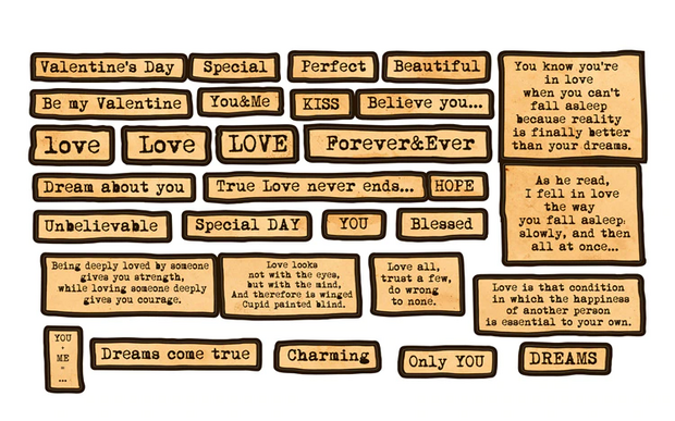 Kraftkleurige scrapbook stickers met tekst over liefde