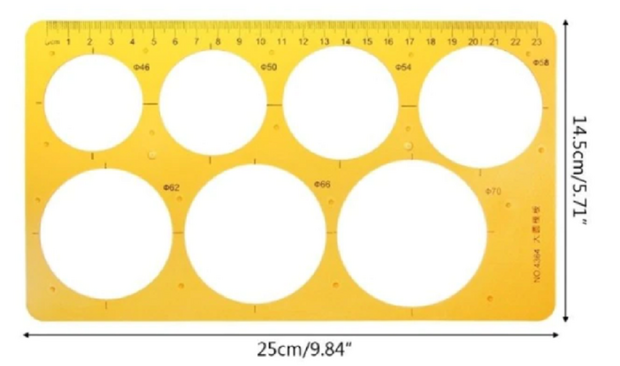 Cirkelsjabloon - Tekensjabloon met 7 verschillende cirkels - Cirkels 4,6+5,0+5,4+5,8+6,2+6,6+7cm - Met liniaal 23cm