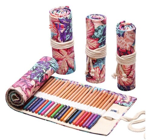 Roletui - Etui voor potloden, pennen, stiften, kwasten, make up - Canvas - Bloemenprint - 24 gaten