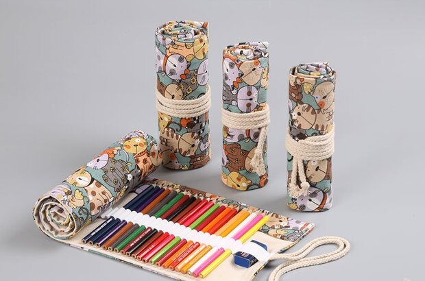 Roletui - Etui voor potloden, pennen, stiften, kwasten, make up - Canvas - Dierenprint - 24 gaten