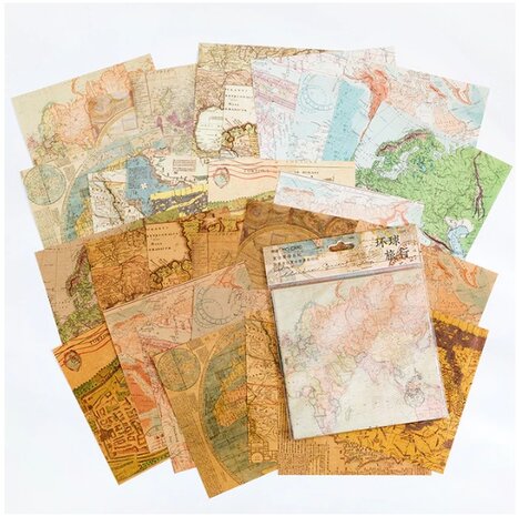 Scrapbook Papier - Vintage - Kraft, Wit, Groen - Landkaarten - 15x15cm - 30 vellen