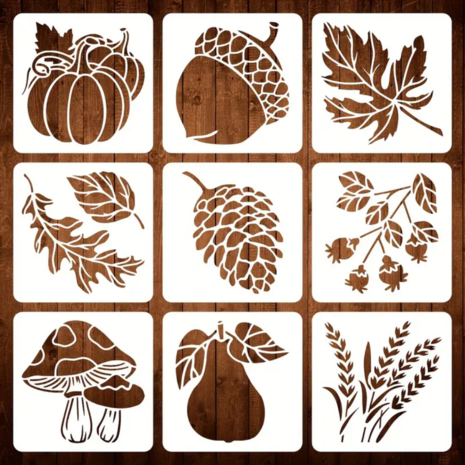 Herfst Sjablonen - Teken Sjablonen Herfst Autum - Hobby Stencils Bladeren Eikels Paddestoel Pompoen