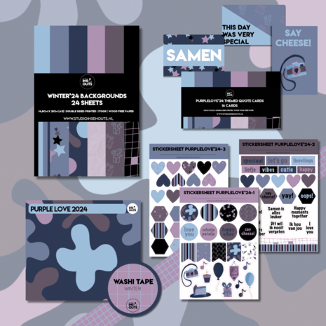 Studio Ins & Outs - Purple Love - Scrapbook Pakket - Creatieve Set - Paperpad, Stickers, Washi Tape & Quote Kaartjes - 