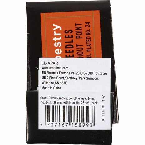 Borduurnaalden, Lengte van het oog: 6 mm , afm 24, L: 36 mm, zonder punt, 25 stuk/ 1 doos