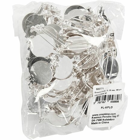 Brochespeld, d 20 mm, verzilverd, 100 stuk/ 1 doos