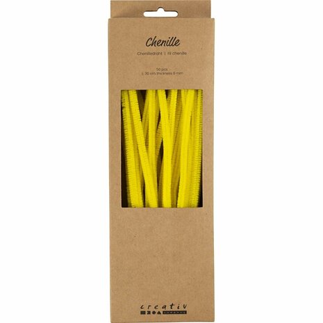 Chenille, L: 30 cm, dikte 6 mm, geel, 50 stuk/ 1 doos