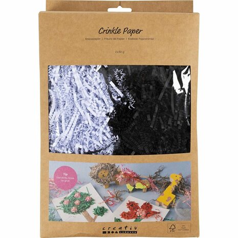 Crinkle papier, L: 25-30 cm, B: 3 mm, zwart, wit, 2x50 gr/ 1 doos