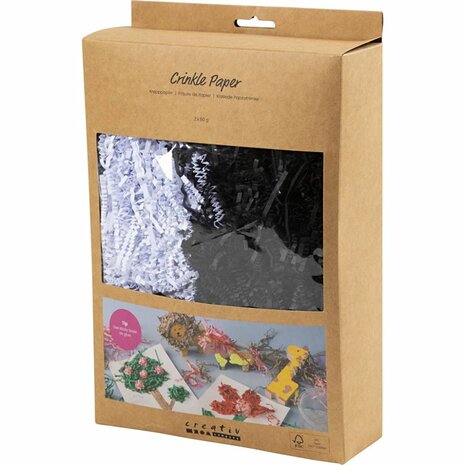 Crinkle papier, L: 25-30 cm, B: 3 mm, zwart, wit, 2x50 gr/ 1 doos