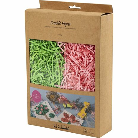 Crinkle papier, L: 25-30 cm, B: 3 mm, donkergroen, roze, 2x50 gr/ 1 doos