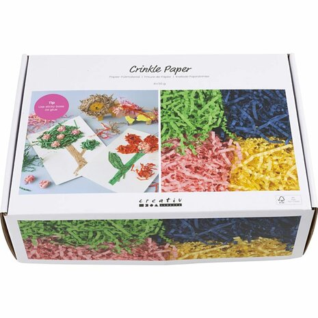 Crinkle papier, L: 25-30 cm, B: 3 mm, blauw, donkergroen, roze, geel, 4x50 gr/ 1 doos