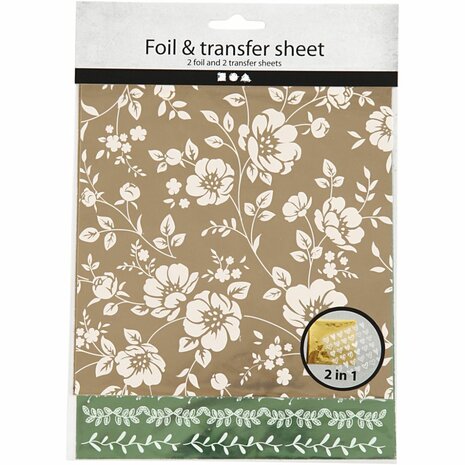 Deco folie en transfervel, bloemen, vel 15x15 cm, goud, groen, 2x2 vel/ 1 doos