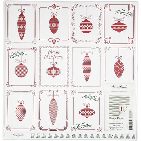 Design papier, kerstballen en kerstbomen, vel 30,5x30,5 cm, 180 gr, 5 vel/ 1 doos